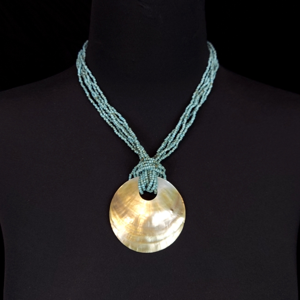 Vintage Turquoise Seed Bead 6 strand Mother Of Pearl Shell Necklace